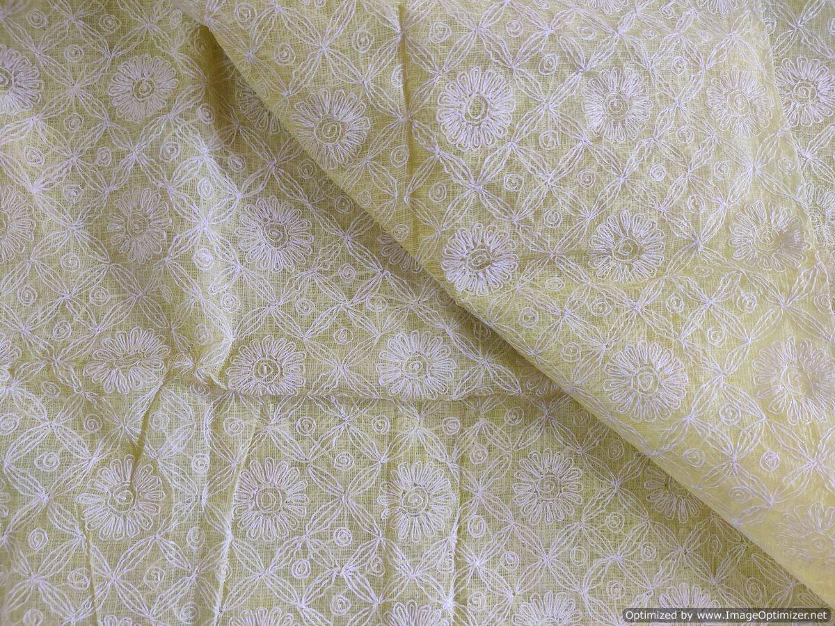 Lemon Yellow Hand Embroidered Tepchi work Chikankari Lakhnavi Kota Cotton Saree CK47 - Ethnic's By Anvi Creations