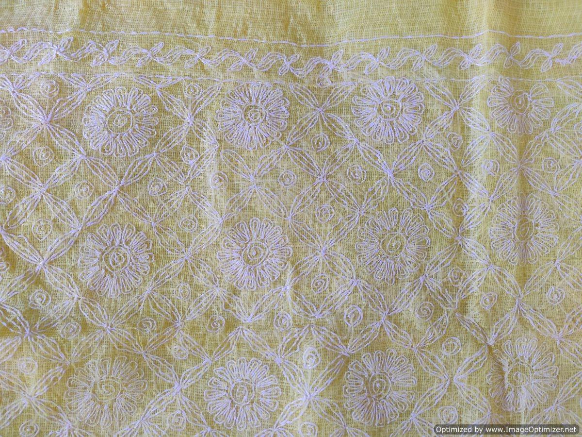 Lemon Yellow Hand Embroidered Tepchi work Chikankari Lakhnavi Kota Cotton Saree CK47 - Ethnic's By Anvi Creations