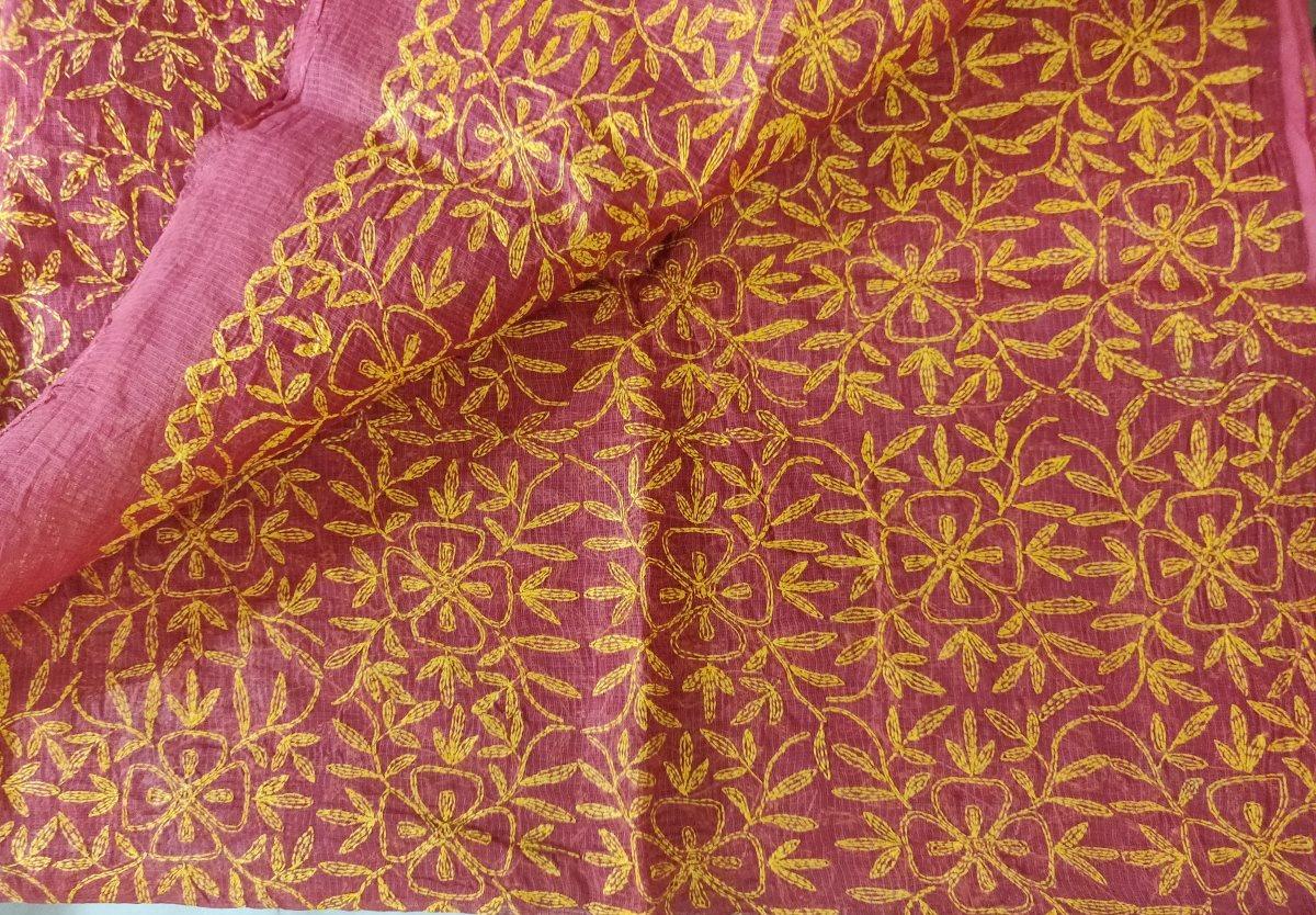 Pink Hand Embroidered Tepchi work Chikankari Lakhnavi Kota Cotton Saree CK48 - Ethnic's By Anvi Creations