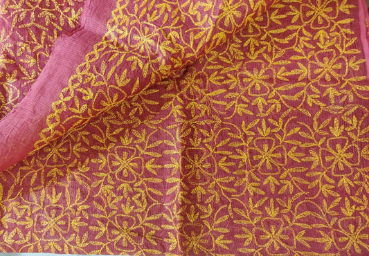 Pink Hand Embroidered Tepchi work Chikankari Lakhnavi Kota Cotton Saree CK48 - Ethnic's By Anvi Creations