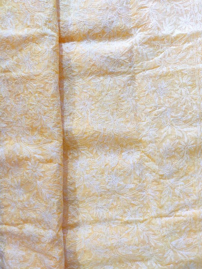 Light Yellow Hand Embroidered Tepchi work Chikankari Lakhnavi Kota Cotton Saree CK50 - Ethnic's By Anvi Creations