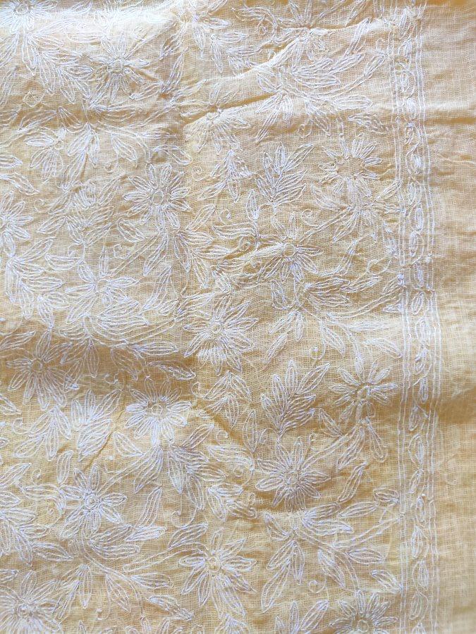 Light Yellow Hand Embroidered Tepchi work Chikankari Lakhnavi Kota Cotton Saree CK50 - Ethnic's By Anvi Creations