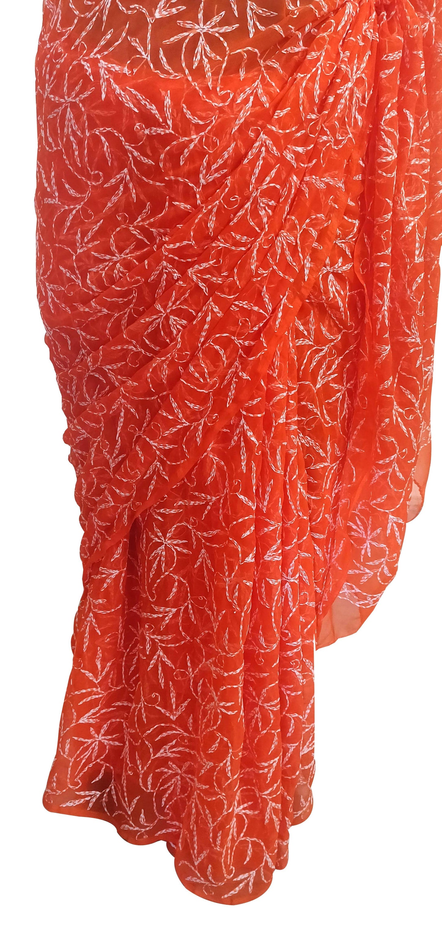 Orange Tepchi Chikankari Chiffon Saree CK67 - Ethnic's By Anvi Creations