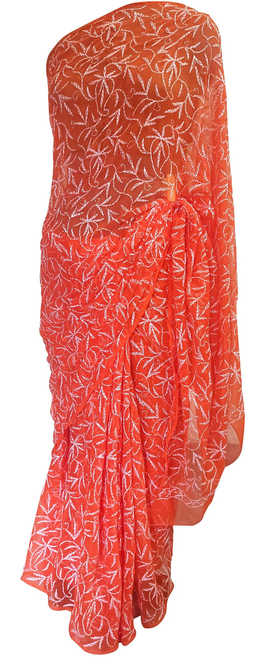 Orange Tepchi Chikankari Chiffon Saree CK67 - Ethnic's By Anvi Creations