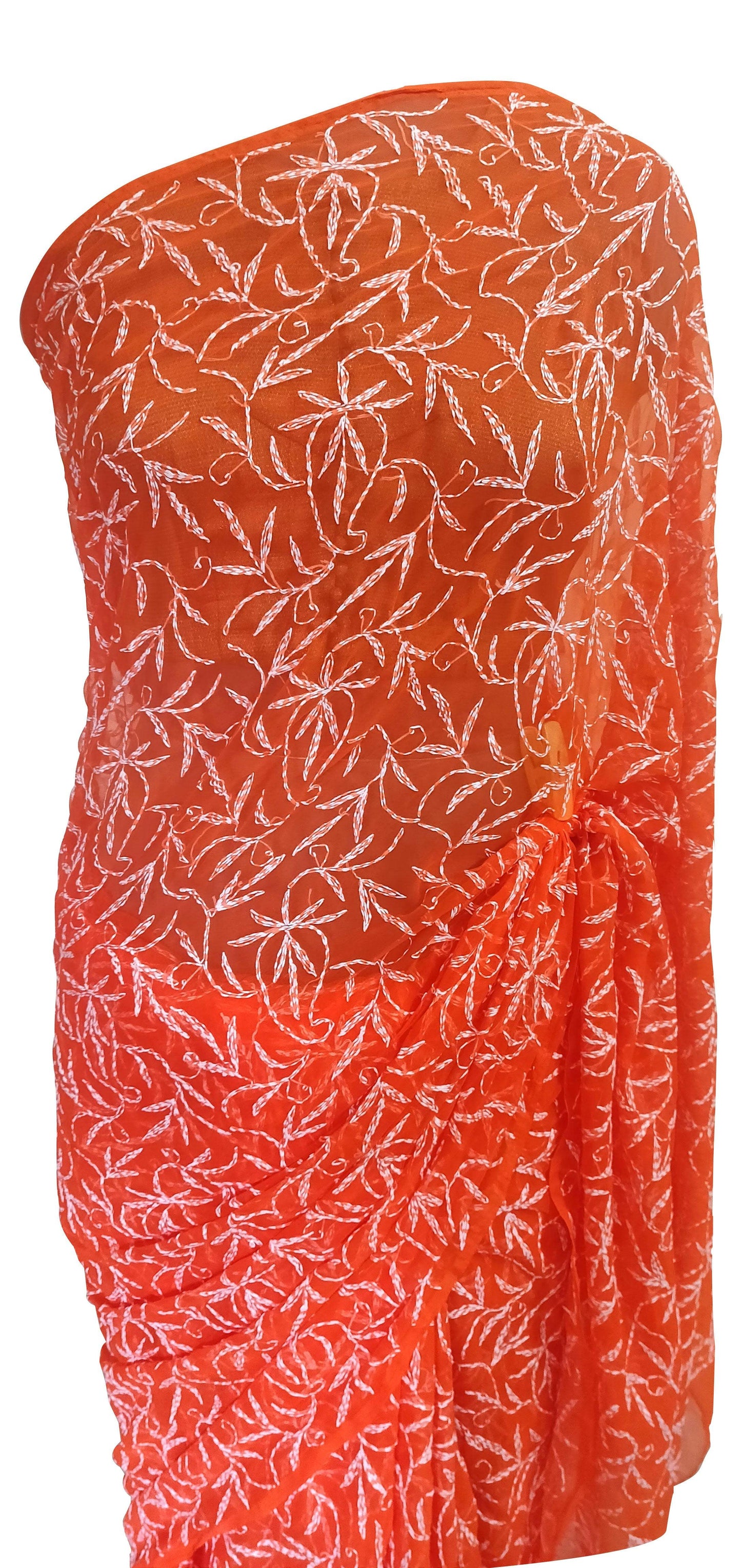 Orange Tepchi Chikankari Chiffon Saree CK67 - Ethnic's By Anvi Creations