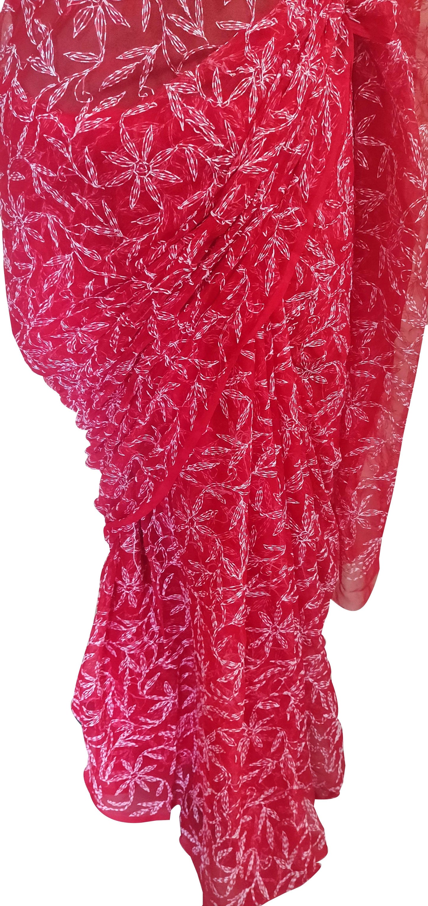 Red Tepchi Chikankari Chiffon Saree CK68 - Ethnic's By Anvi Creations