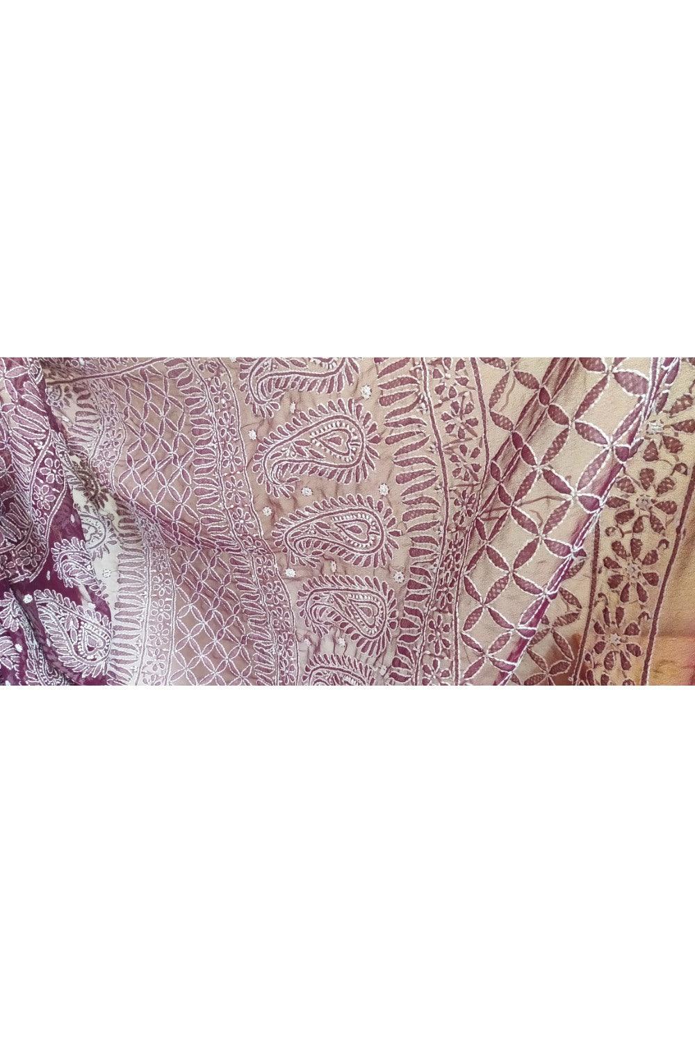 Hand Embroidered Heavy Chikankari Wine Plum Chiffon Saree CK71 - Ethnic's By Anvi Creations