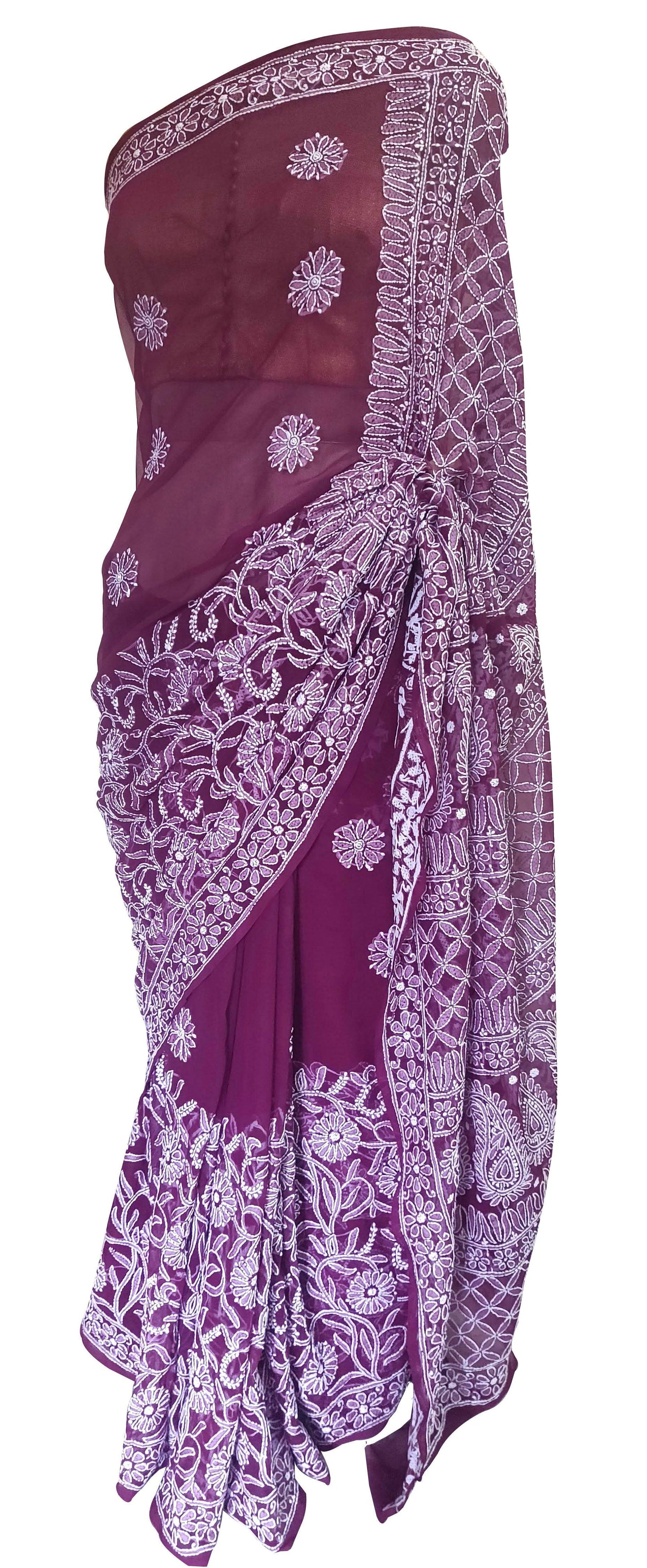 Hand Embroidered Heavy Chikankari Wine Plum Chiffon Saree CK71 - Ethnic's By Anvi Creations