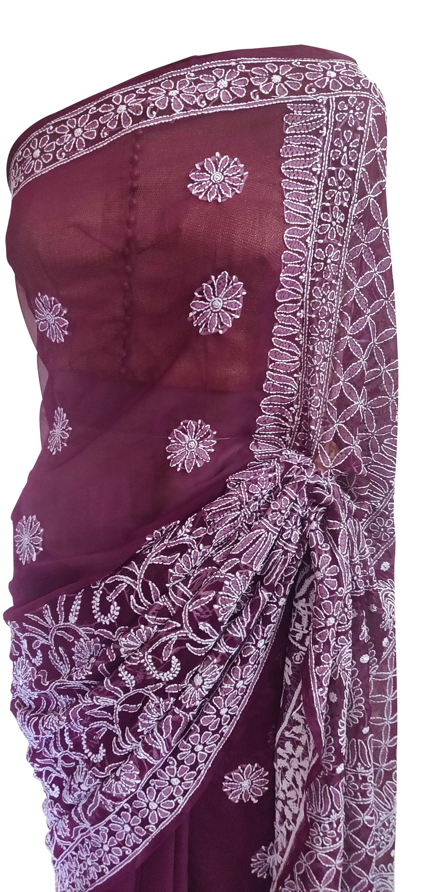 Hand Embroidered Heavy Chikankari Wine Plum Chiffon Saree CK71 - Ethnic's By Anvi Creations