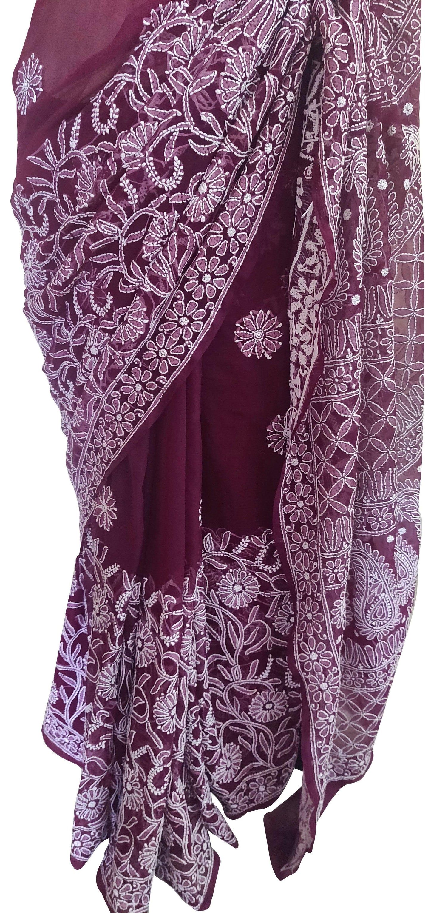 Hand Embroidered Heavy Chikankari Wine Plum Chiffon Saree CK71 - Ethnic's By Anvi Creations