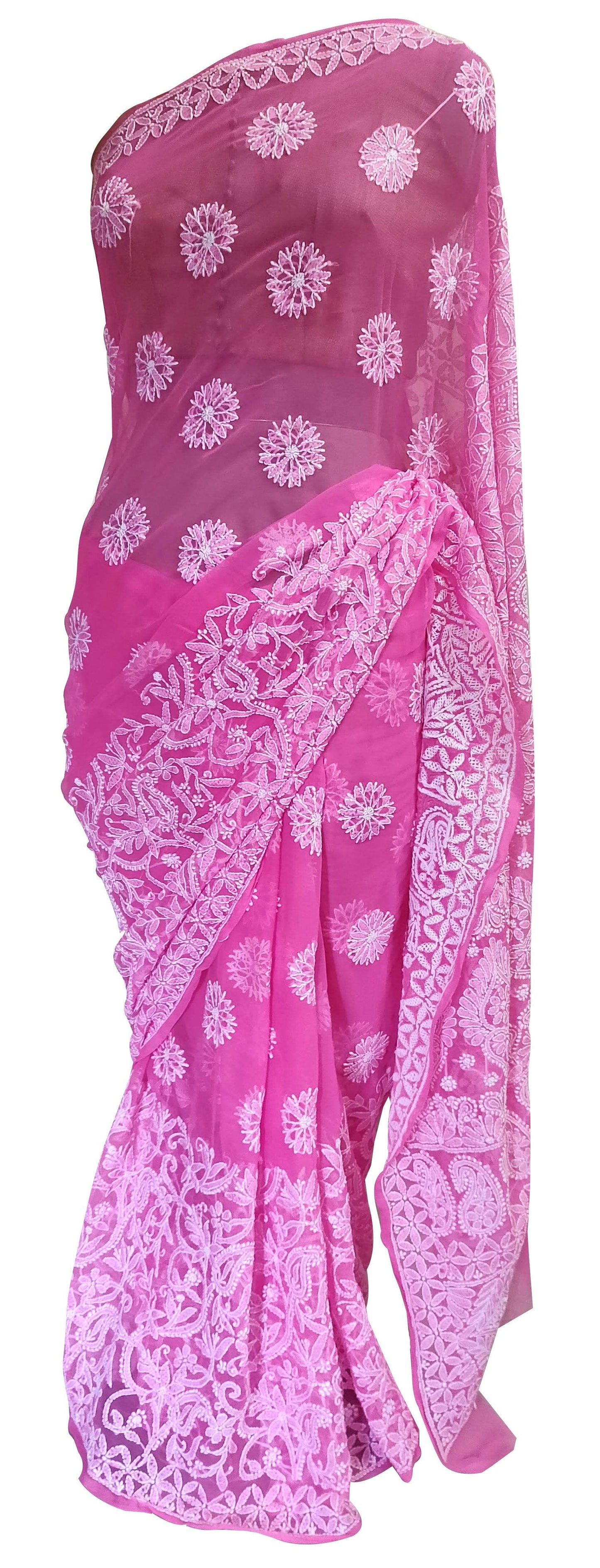 Hand Embroidered Heavy Chikankari Pink Chiffon Saree CK73 - Ethnic's By Anvi Creations