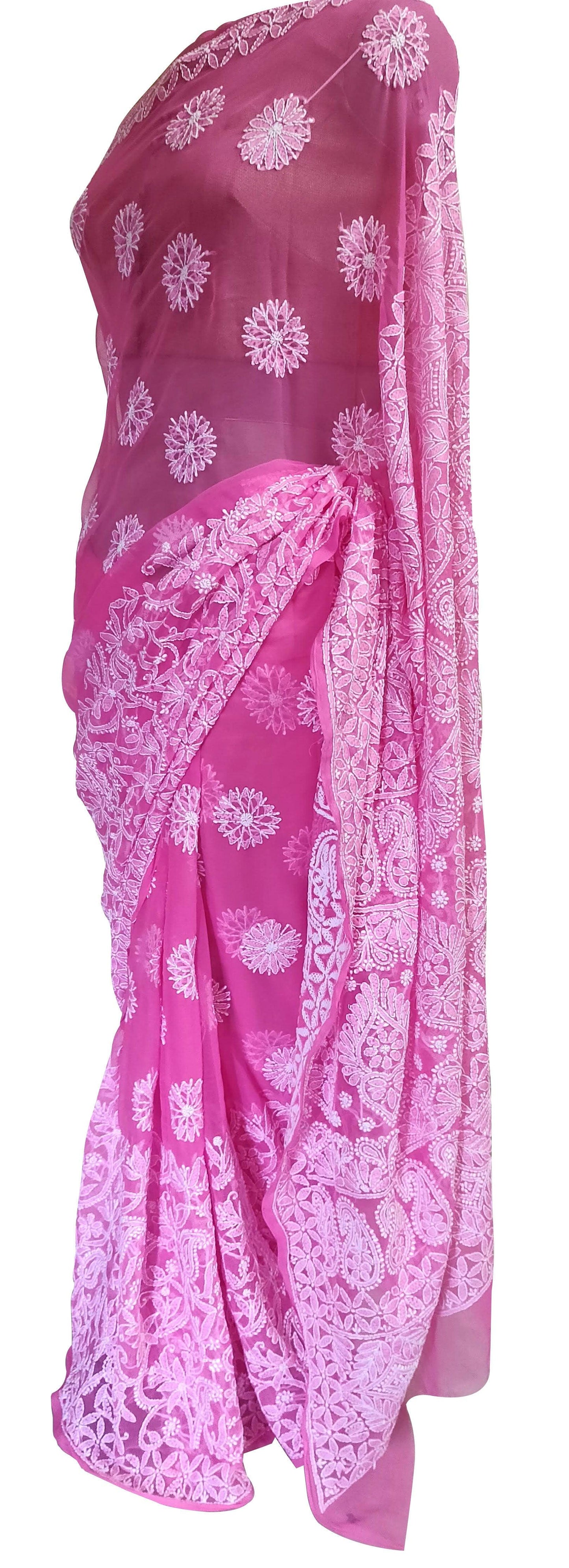 Hand Embroidered Heavy Chikankari Pink Chiffon Saree CK73 - Ethnic's By Anvi Creations