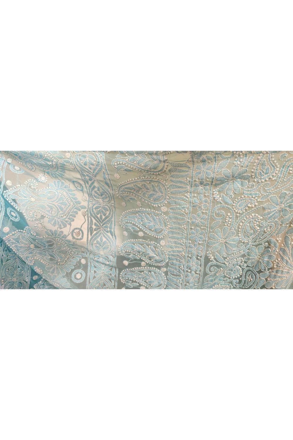 Hand Embroidered Heavy Chikankari Sky Blue Chiffon Saree CK75 - Ethnic's By Anvi Creations