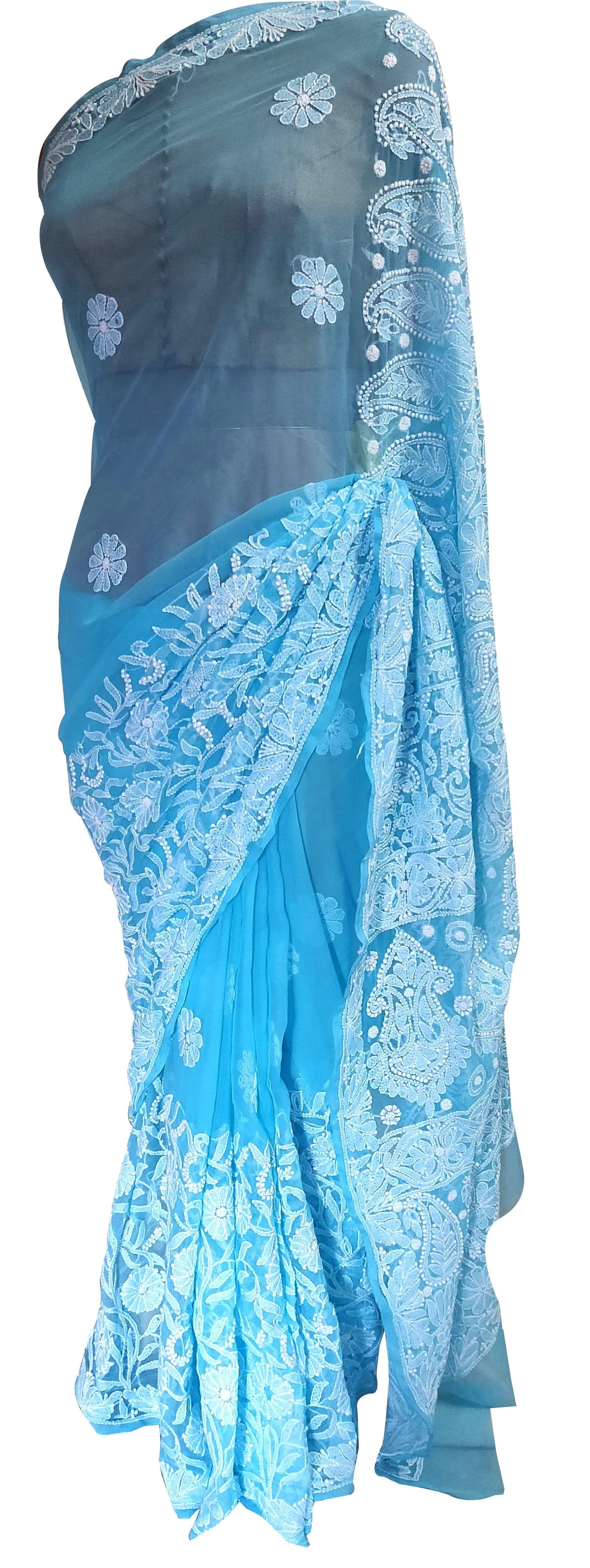 Hand Embroidered Heavy Chikankari Sky Blue Chiffon Saree CK75 - Ethnic's By Anvi Creations