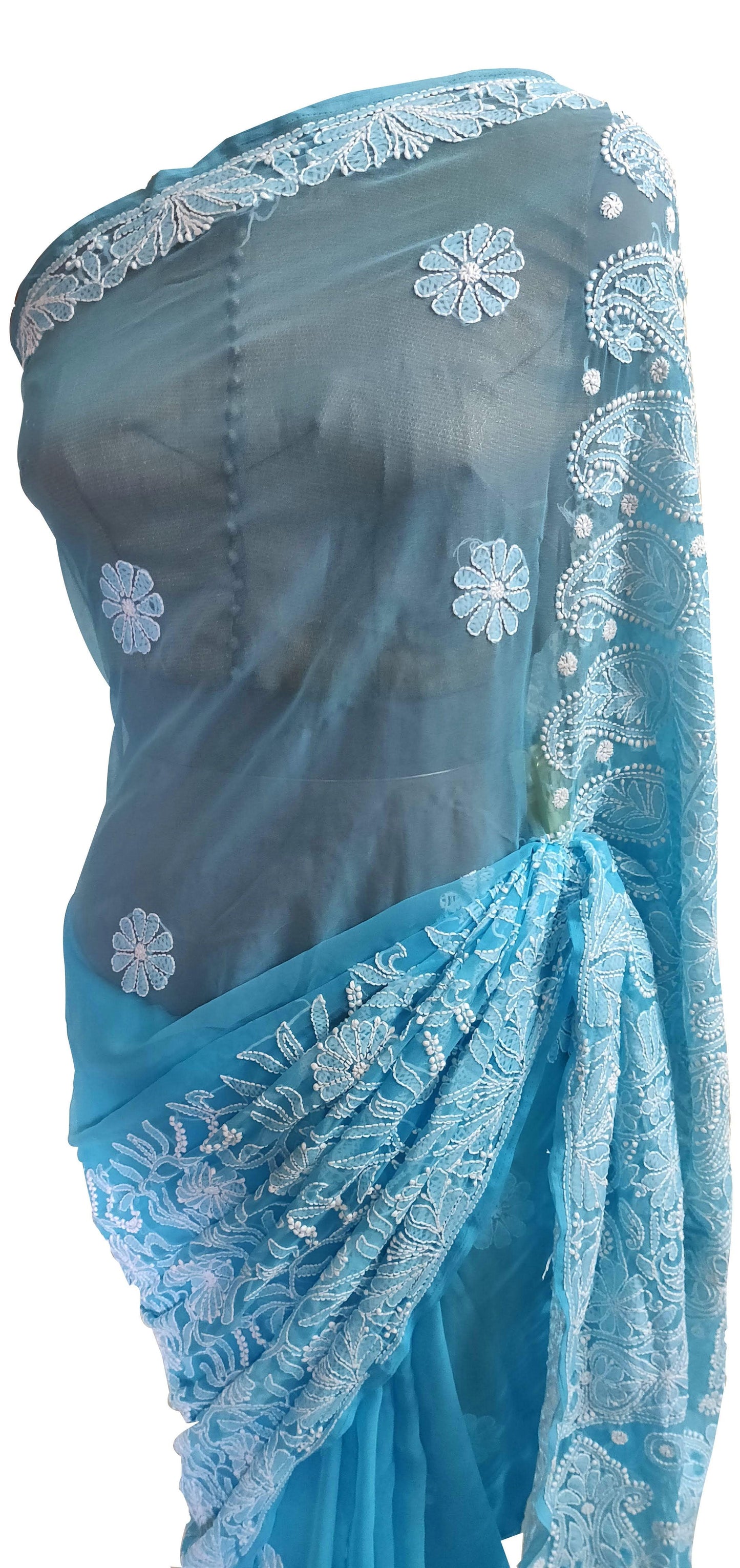 Hand Embroidered Heavy Chikankari Sky Blue Chiffon Saree CK75 - Ethnic's By Anvi Creations