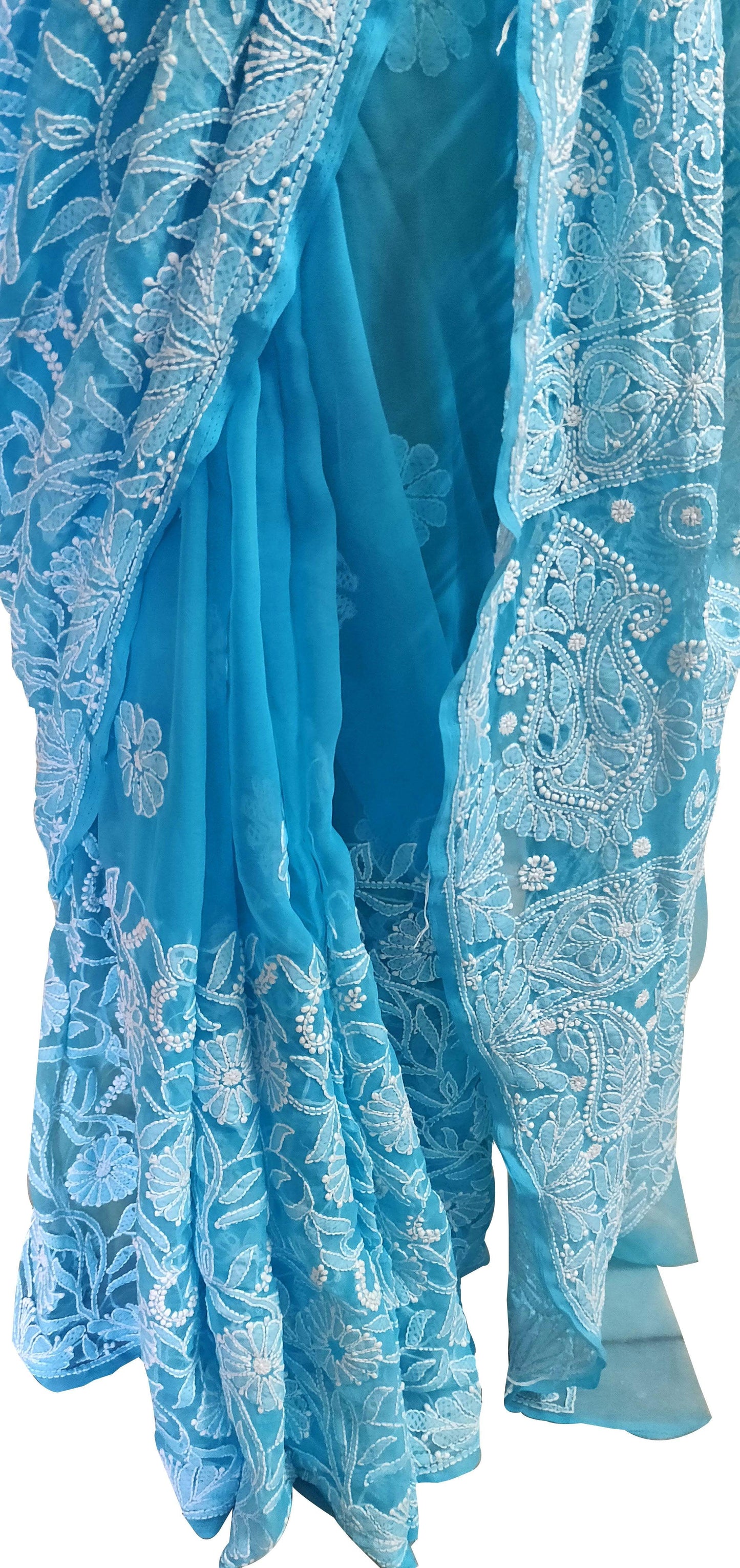 Hand Embroidered Heavy Chikankari Sky Blue Chiffon Saree CK75 - Ethnic's By Anvi Creations