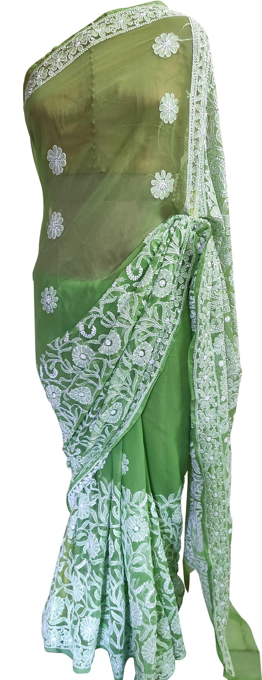 Hand Embroidered Heavy Chikankari Green Chiffon Saree CK76 - Ethnic's By Anvi Creations