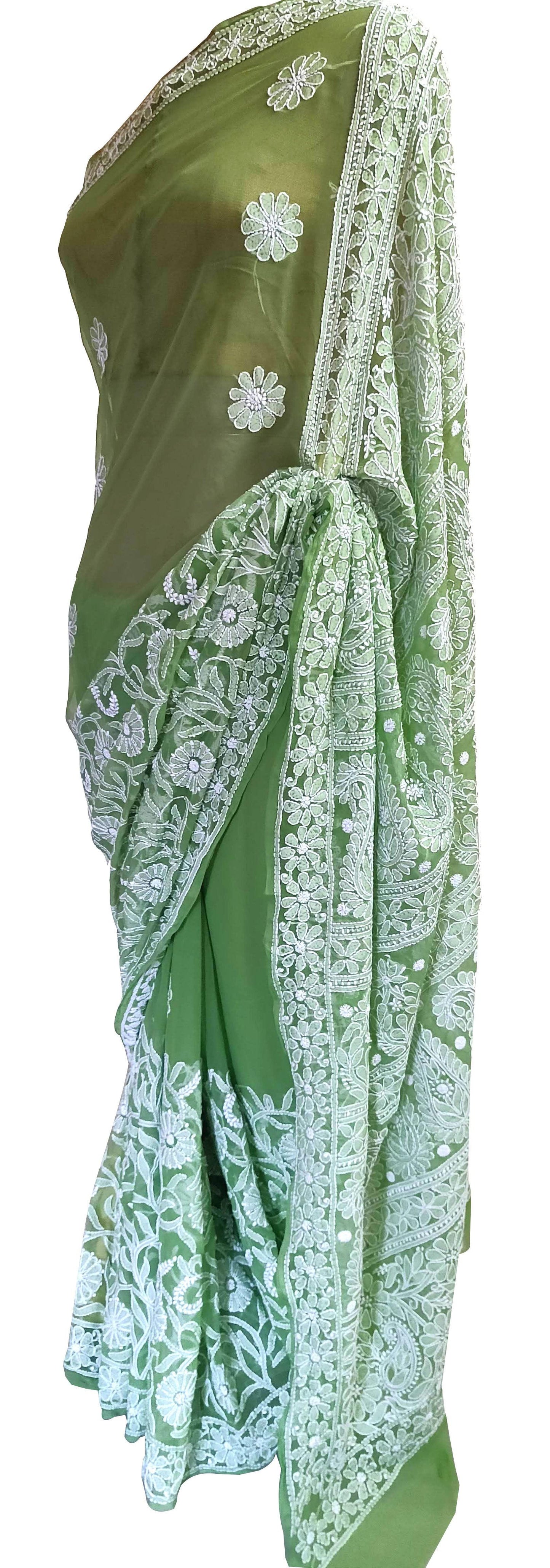 Hand Embroidered Heavy Chikankari Green Chiffon Saree CK76 - Ethnic's By Anvi Creations