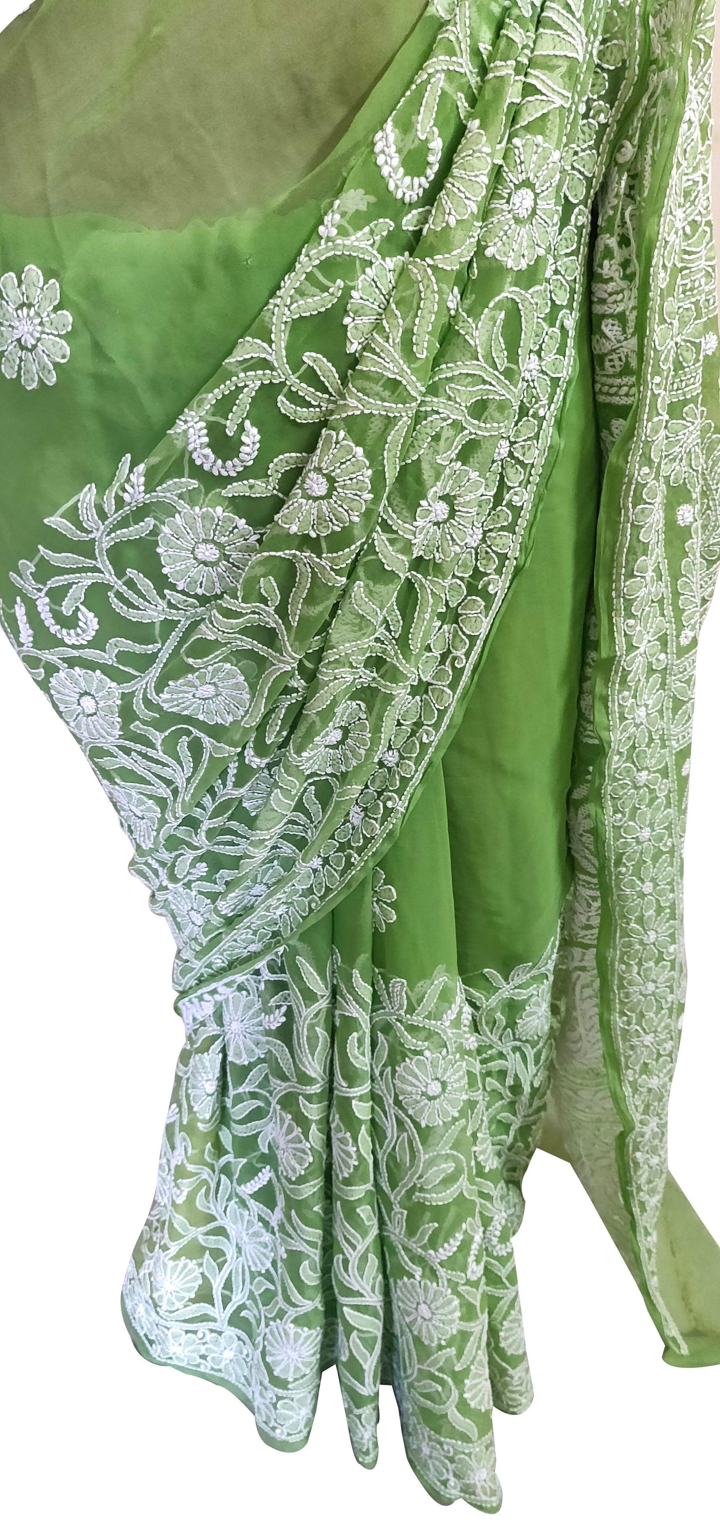 Hand Embroidered Heavy Chikankari Green Chiffon Saree CK76 - Ethnic's By Anvi Creations