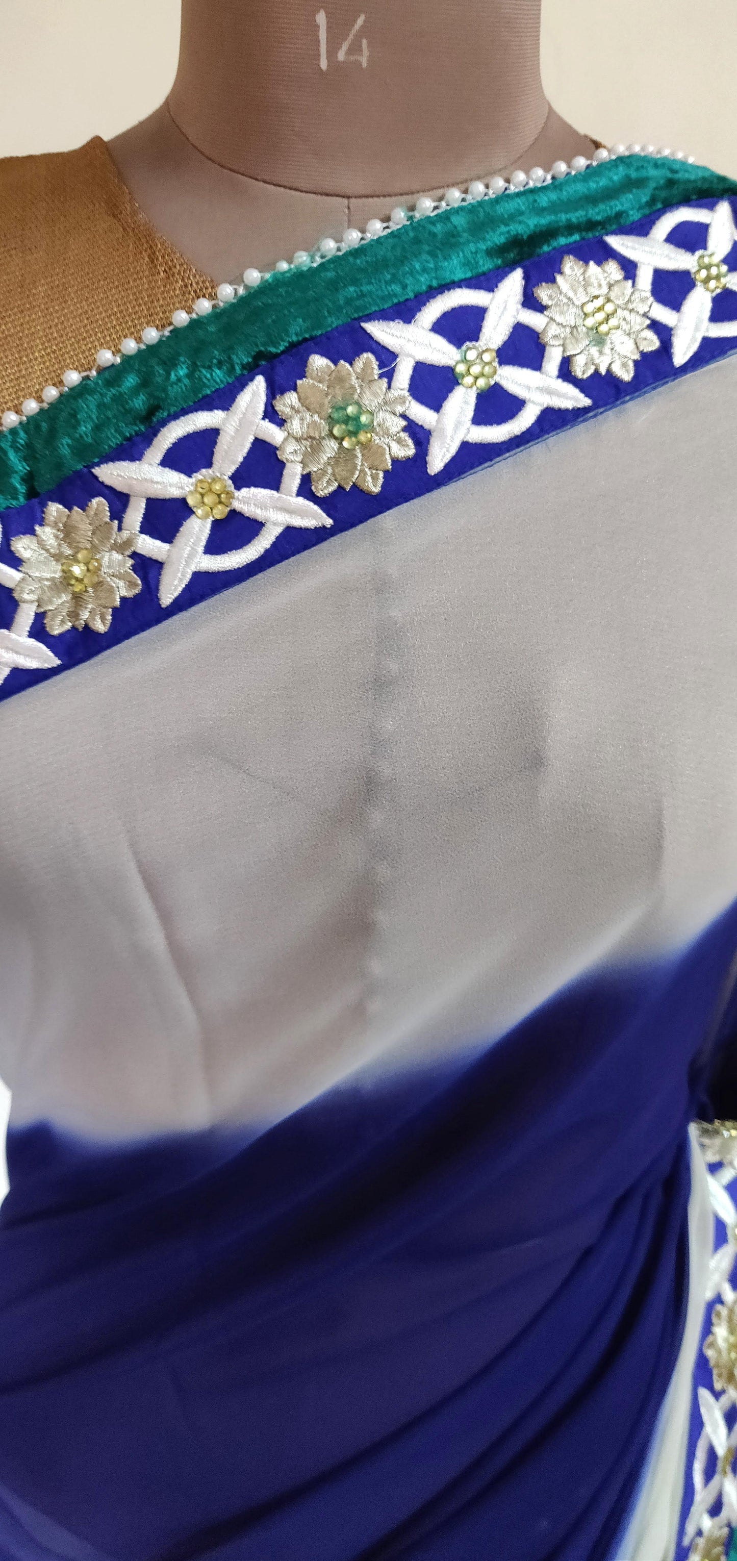 Blue White Georgette embroidered Saree CHR03a - Ethnic's By Anvi Creations