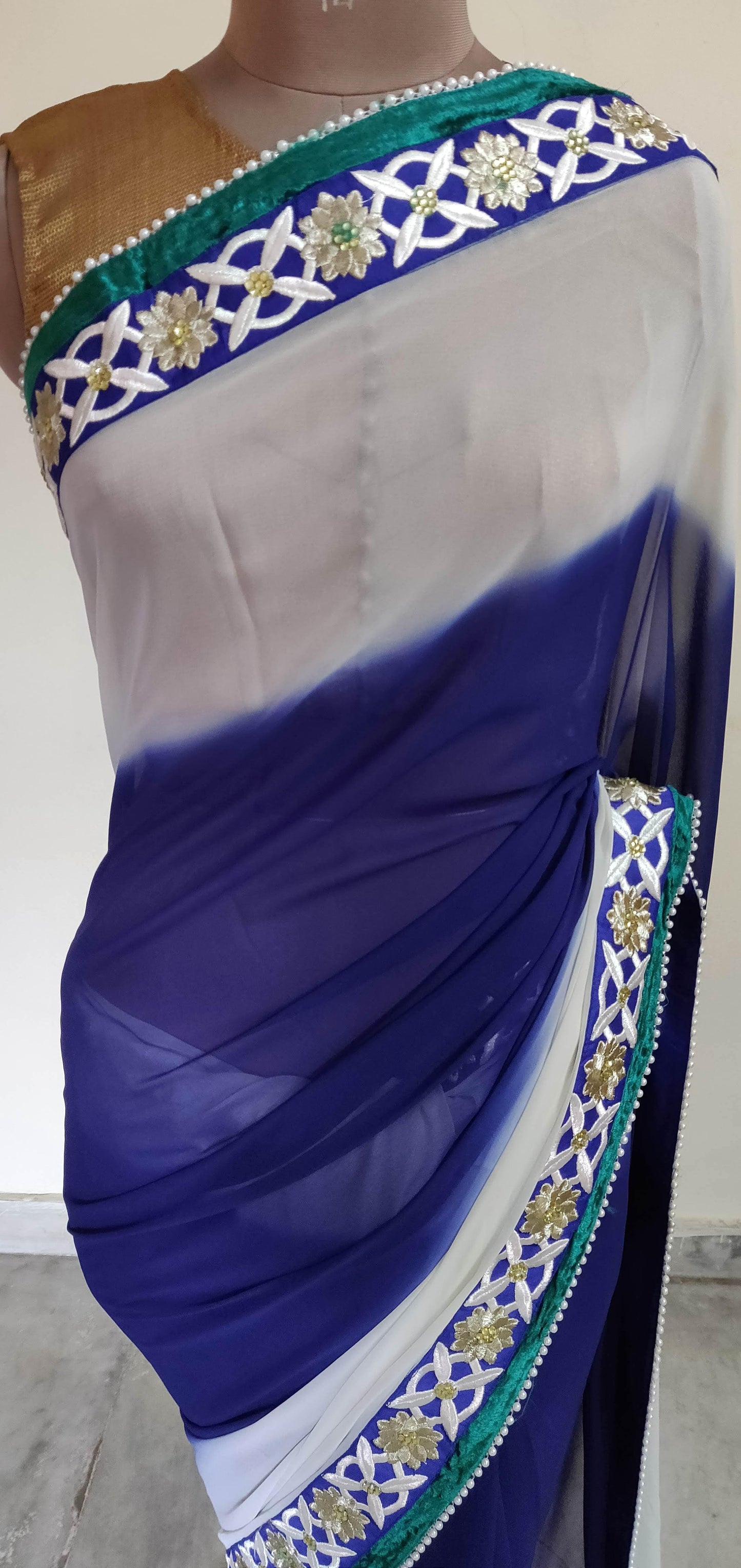 Blue White Georgette embroidered Saree CHR03a - Ethnic's By Anvi Creations