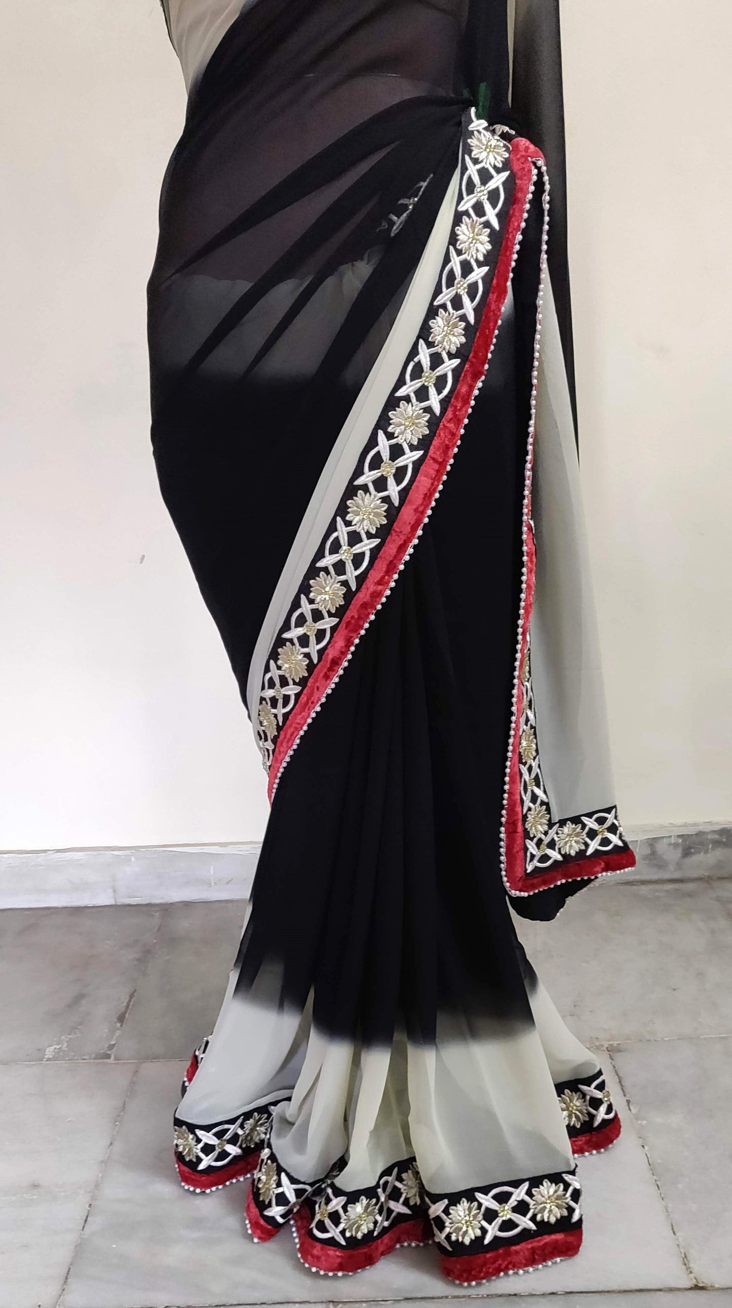 Black White Georgette embroidered Saree CHR03 - Ethnic's By Anvi Creations