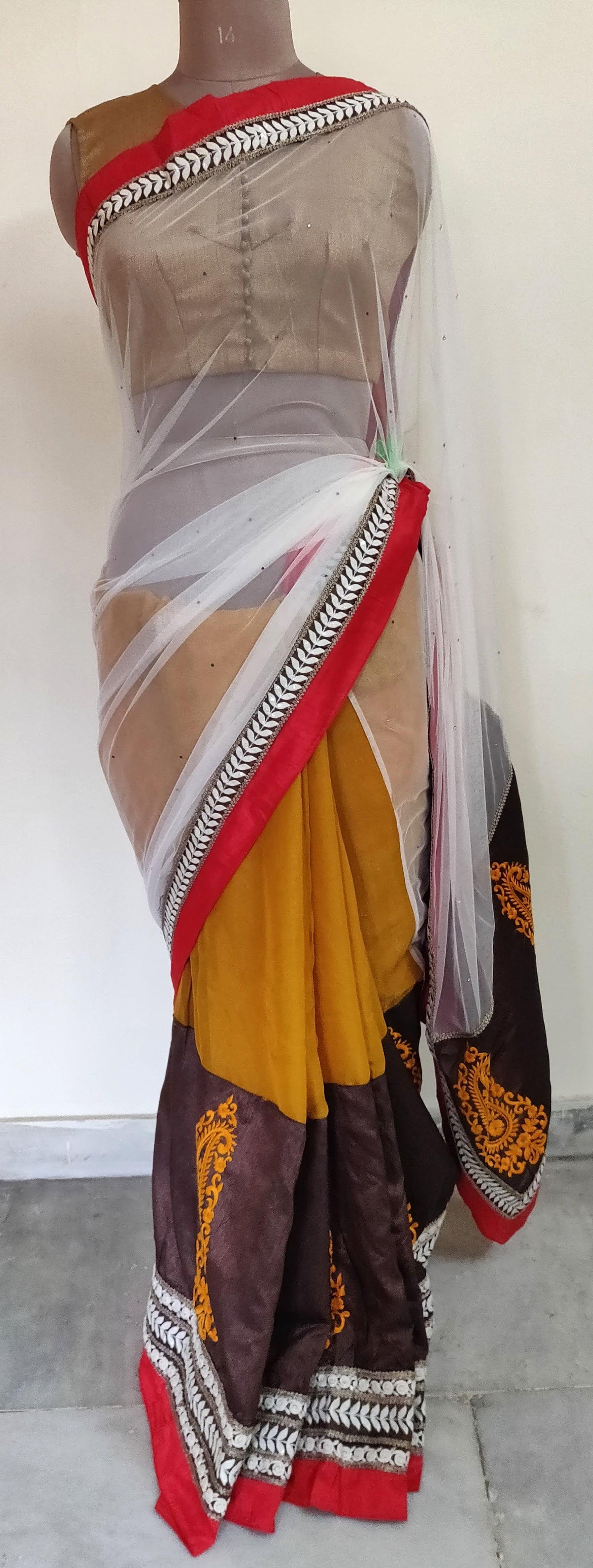 Off White Mustard Net Georgette embroidered Saree CHR13A - Ethnic's By Anvi Creations