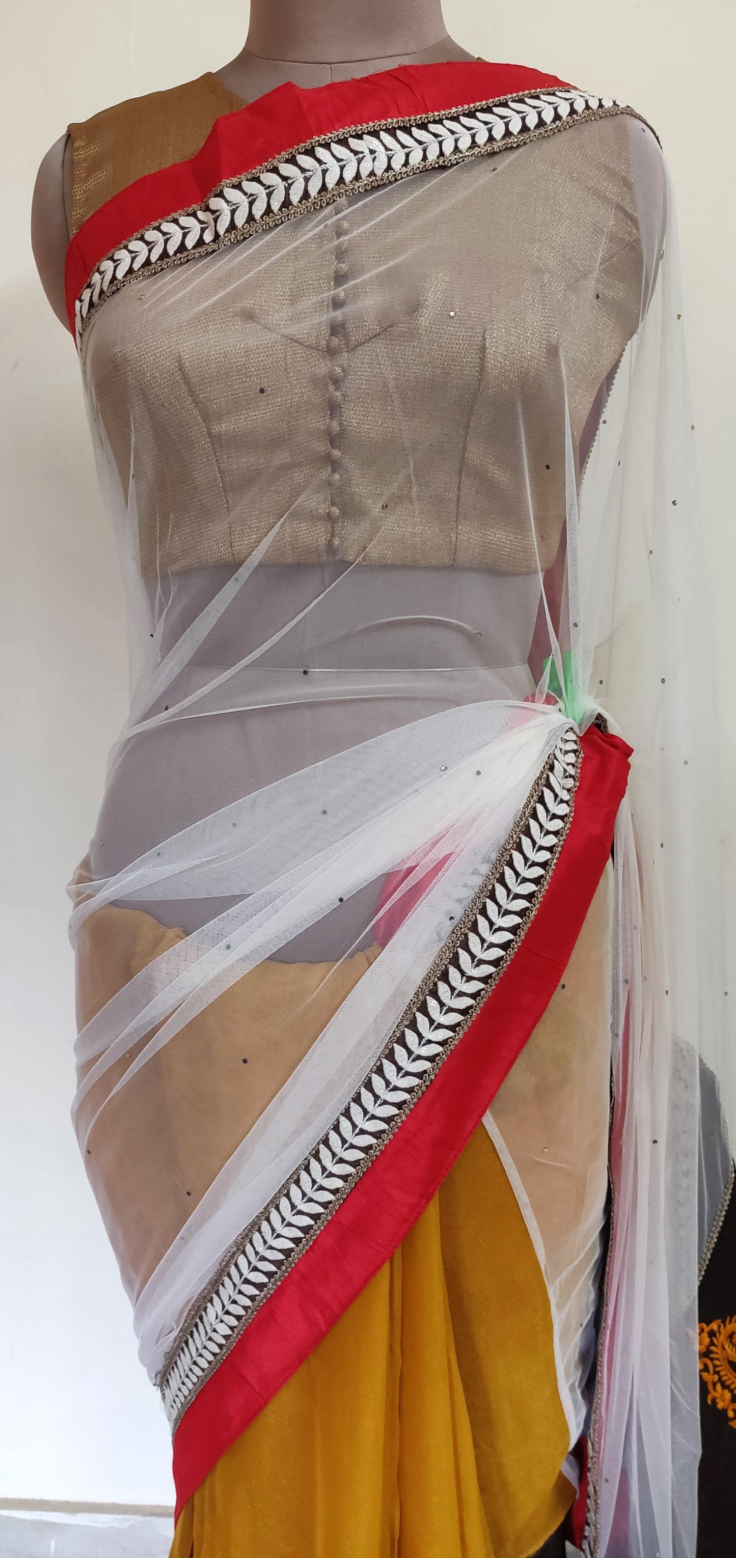 Off White Mustard Net Georgette embroidered Saree CHR13A - Ethnic's By Anvi Creations