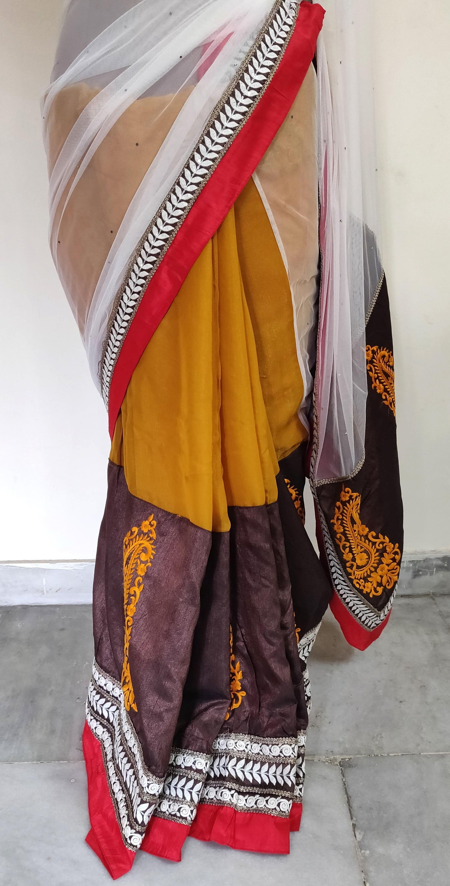 Off White Mustard Net Georgette embroidered Saree CHR13A - Ethnic's By Anvi Creations