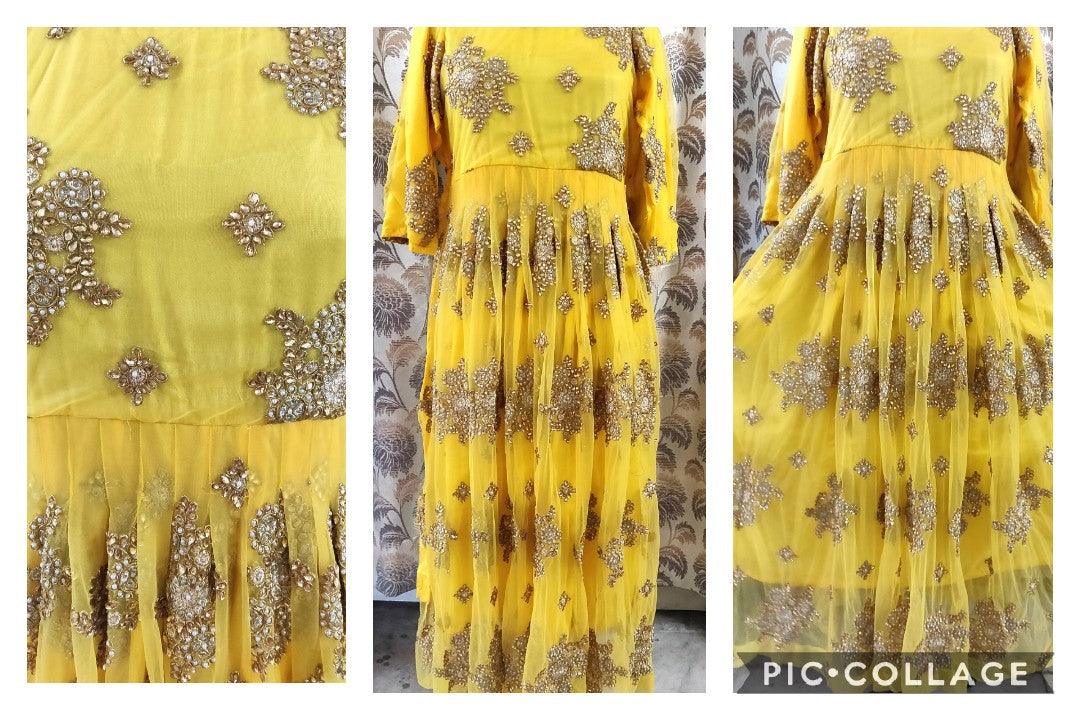 Designer Semi Stitched Heavy Embroidered Yellow Long Gown ACG01-Anvi Creations-Partywear Gown