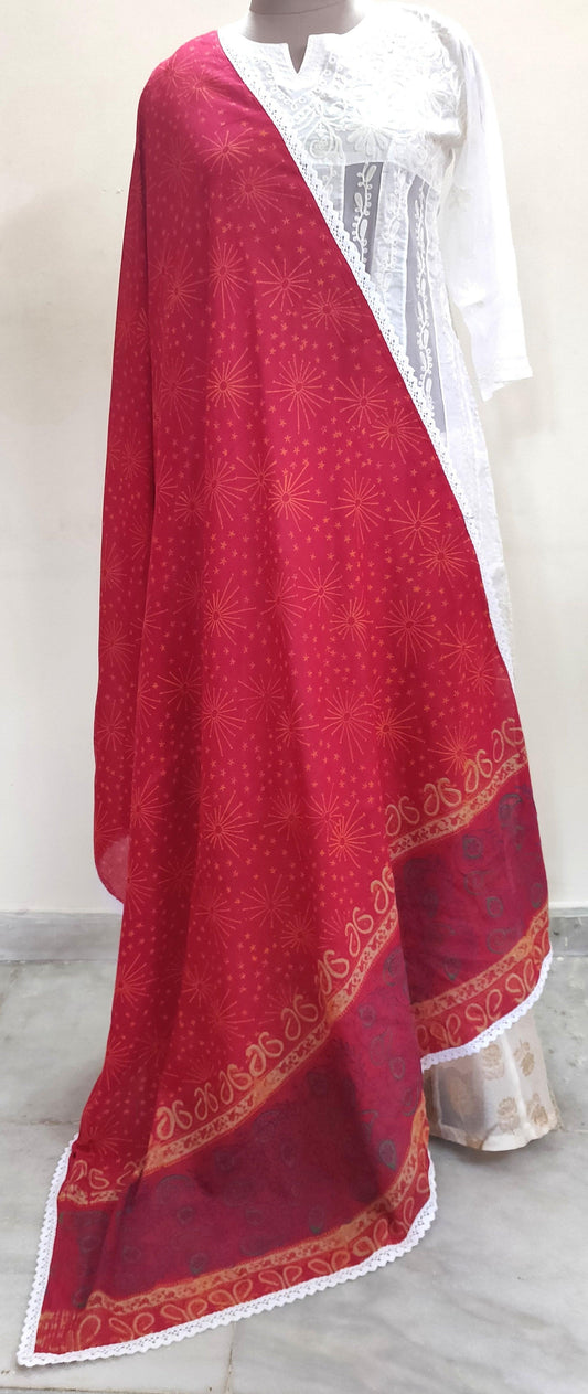 Designer Crochet Border Red Block Printed Mulmul Cotton Dupatta DP34-Anvi Creations-Block Printed Cotton Dupatta