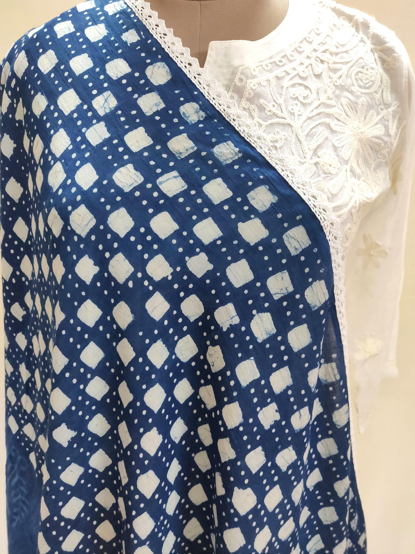 Designer Crochet Border Indigo Block Printed Mulmul Cotton Dupatta DP35-Anvi Creations-Block Printed Cotton Dupatta