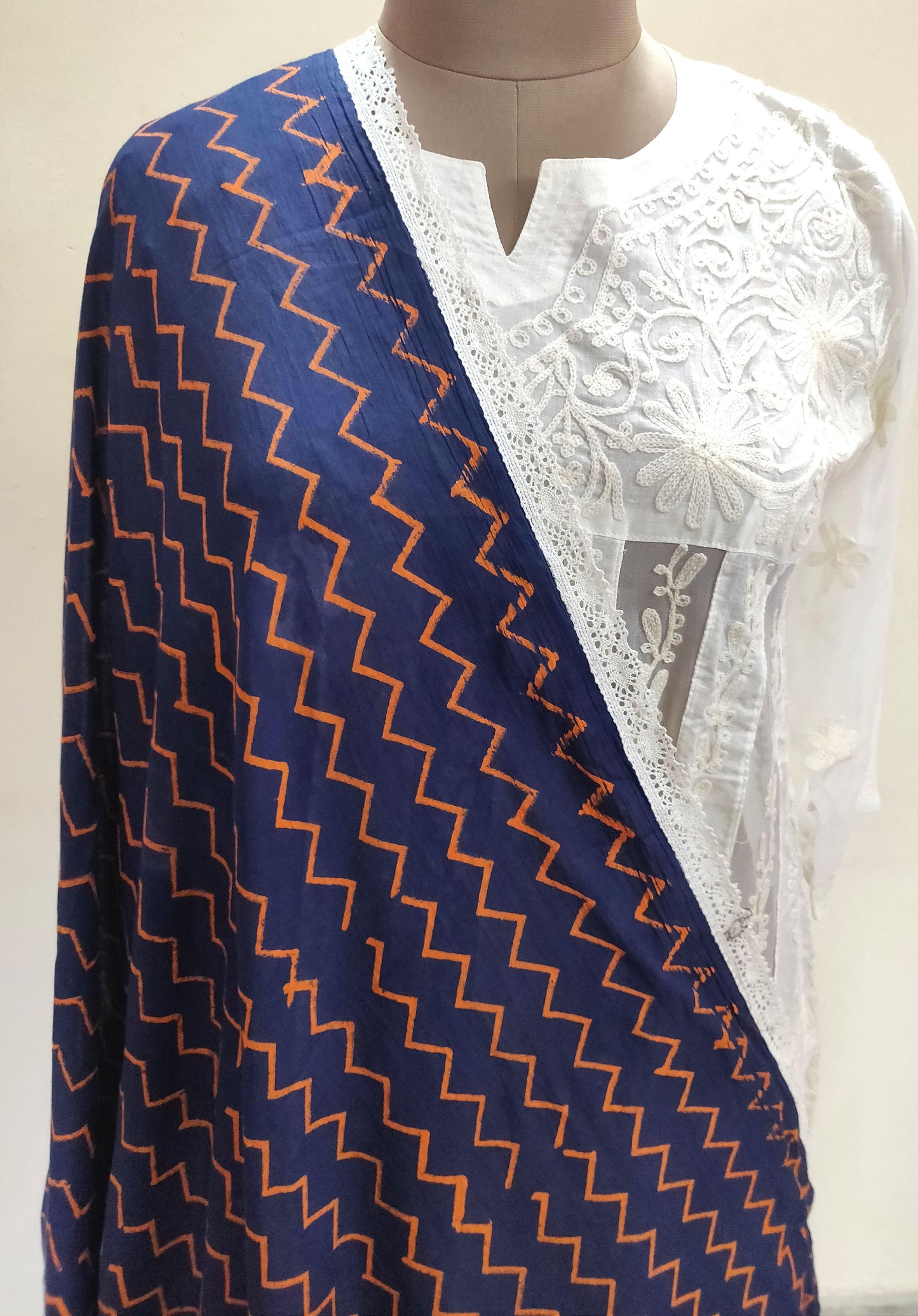 Designer Crochet Border Blue Block Printed Mulmul Cotton Dupatta DP36-Anvi Creations-Block Printed Cotton Dupatta