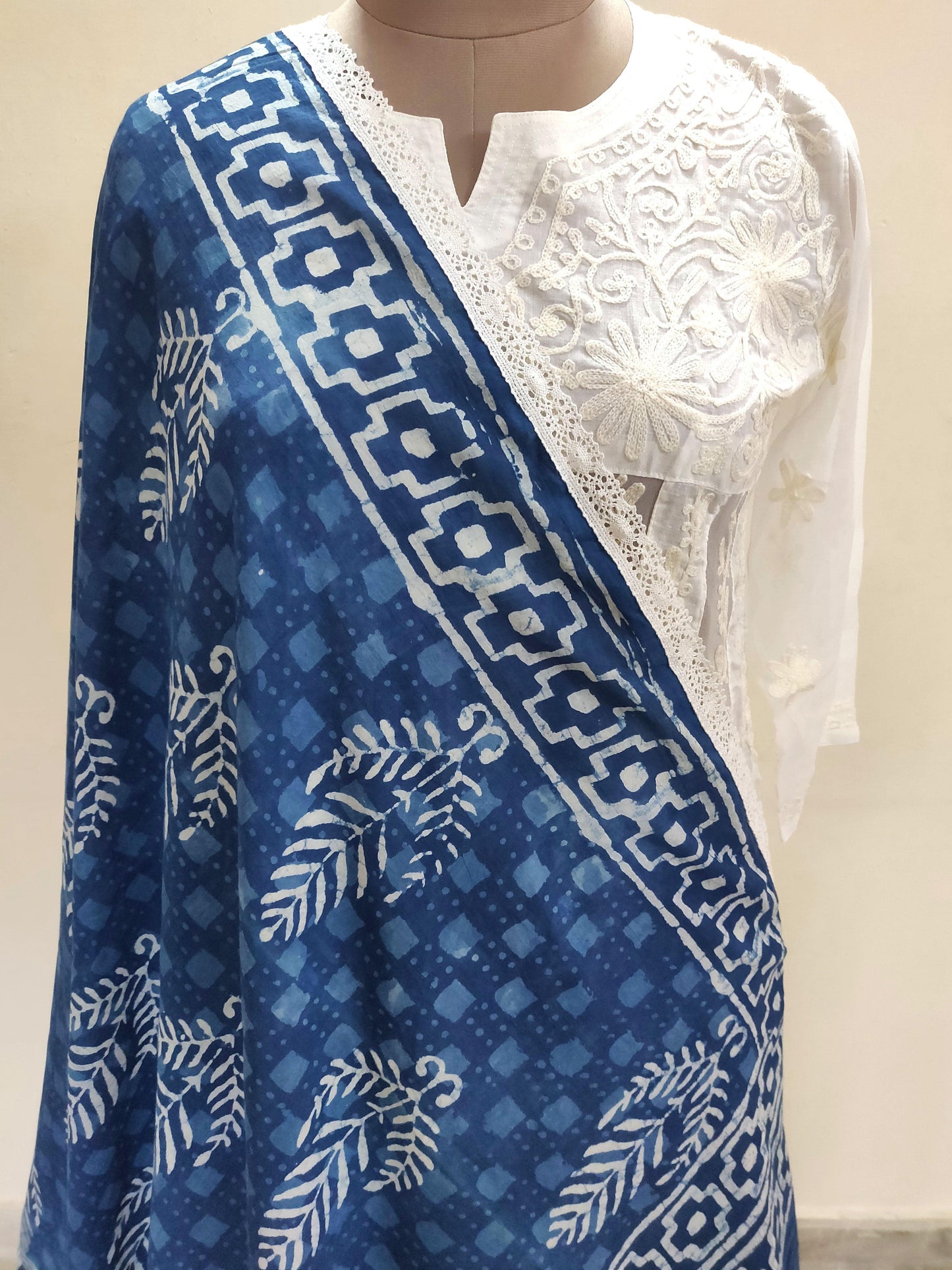 Designer Crochet Border Indigo Block Printed Mulmul Cotton Dupatta DP38-Anvi Creations-Block Printed Cotton Dupatta
