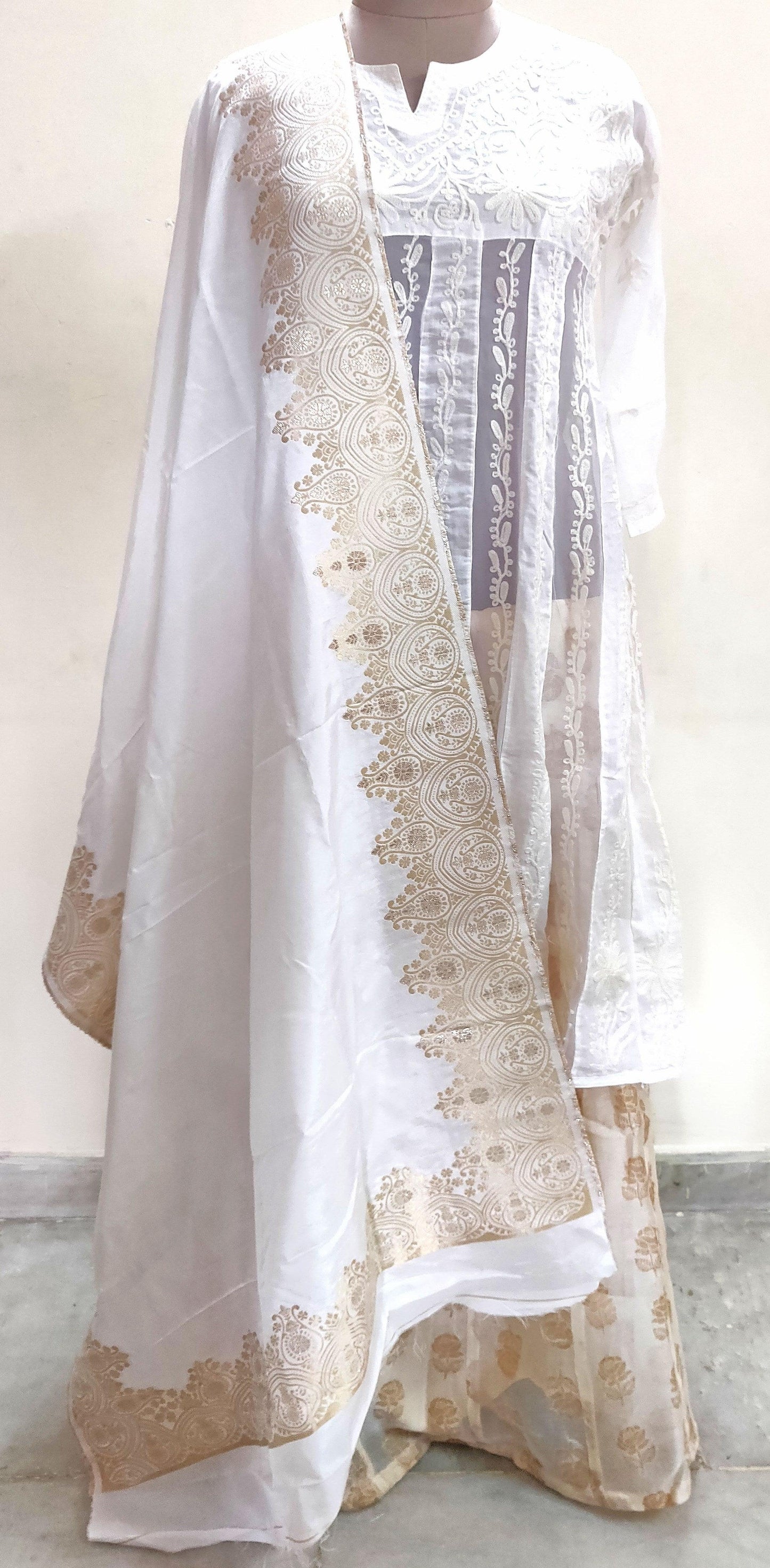 Designer Zari Weave White Dupion Silk Dupatta Dupatta DP39-Anvi Creations-