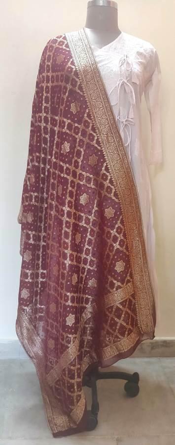 Maroon Pink Georgette Silk Bandhani Banarasi Dress Material