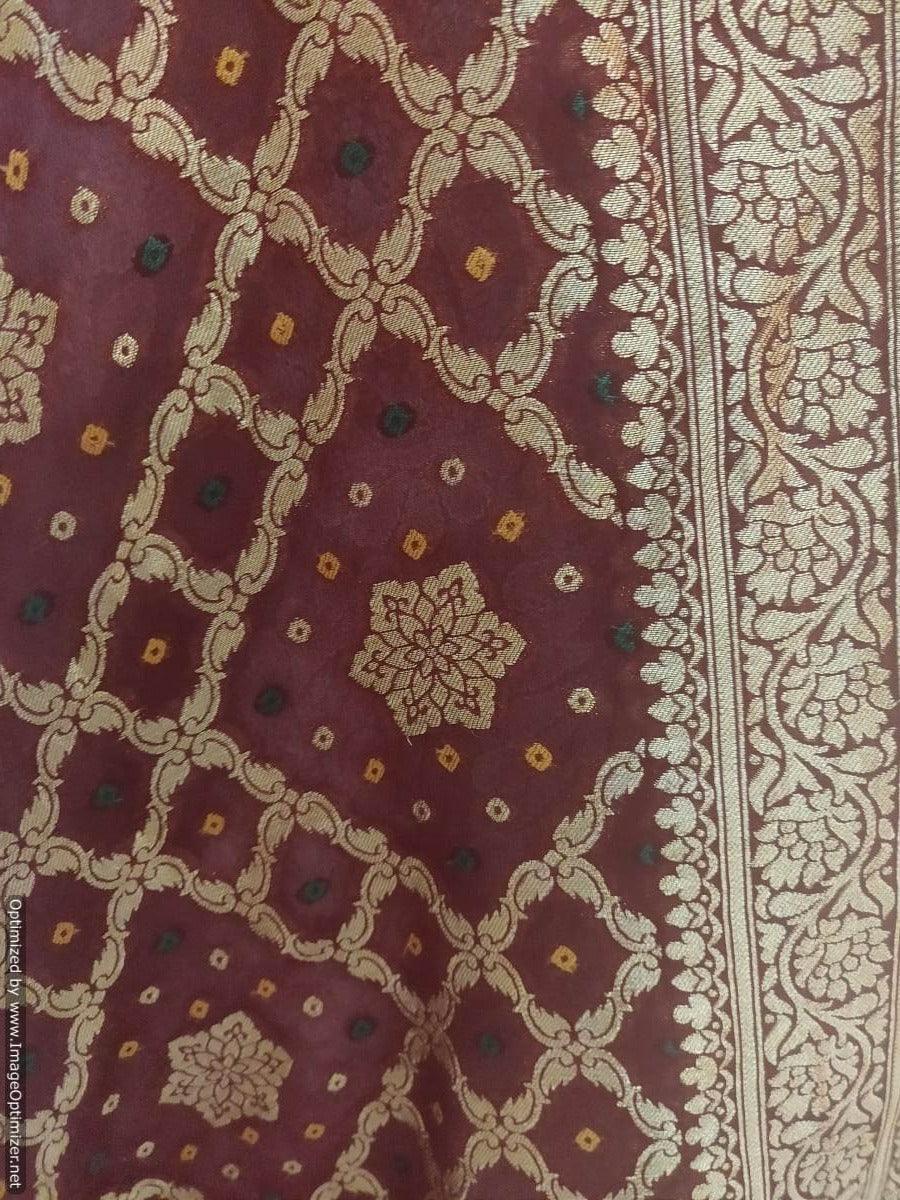 Designer Bandhej Bandhani Maroon Pure Georgette Zari Weaven Banarasi Dupatta DP43 - Ethnic's By Anvi Creations
