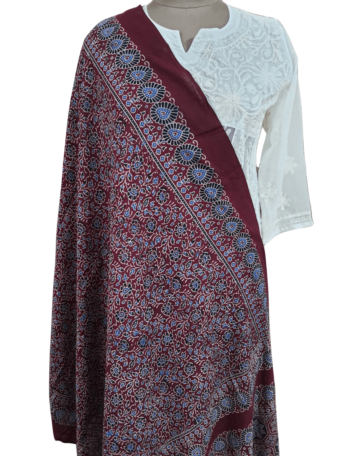 Maroon Pure Ajrakh hand Block Printed Mulmul Cotton Dupatta DP78 - Ethnic's By Anvi Creations