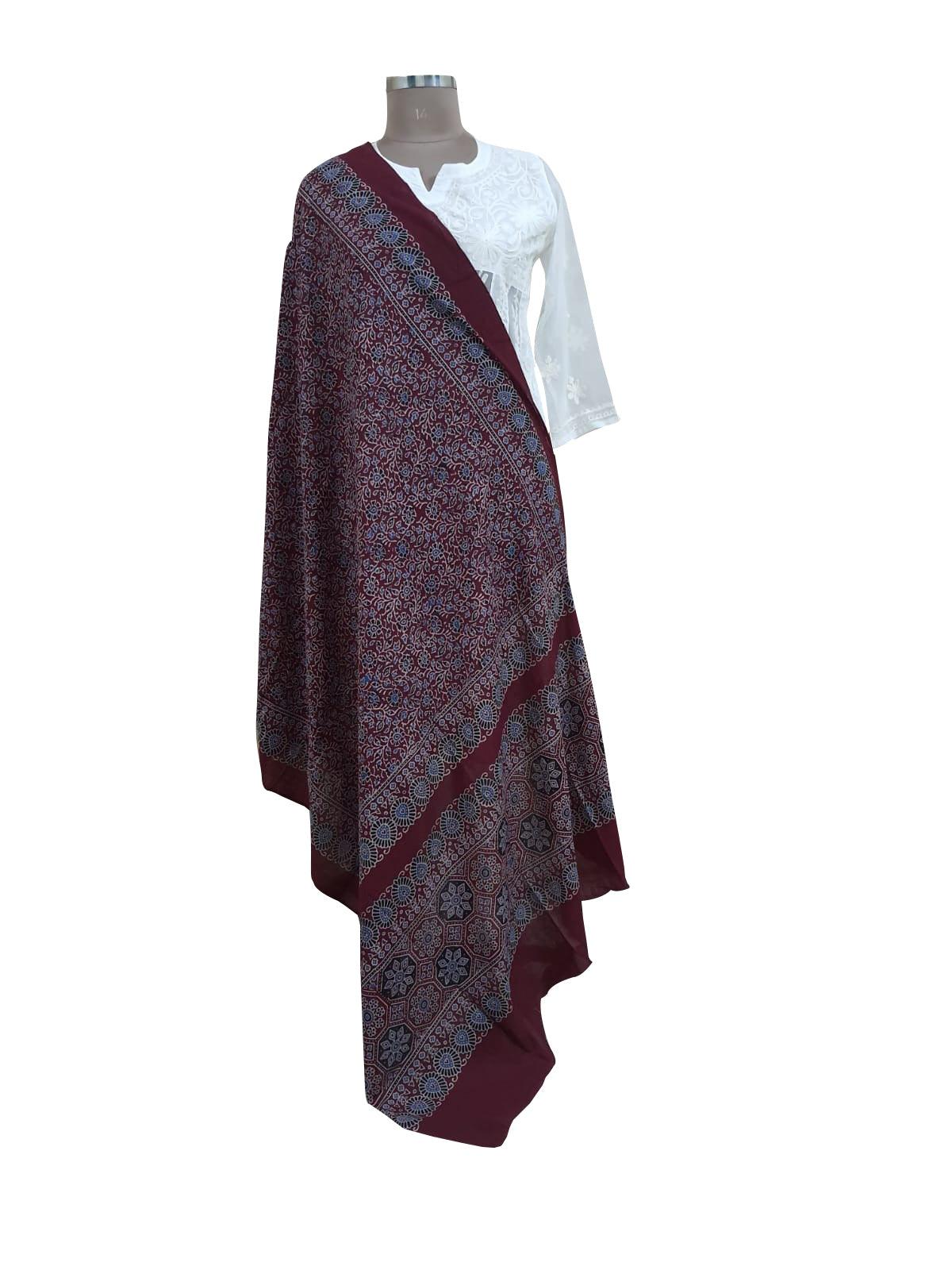 Maroon Pure Ajrakh hand Block Printed Mulmul Cotton Dupatta DP78 - Ethnic's By Anvi Creations