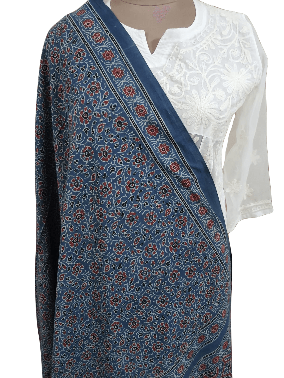 Indigo Blue Pure Ajrakh hand Block Printed Mulmul Cotton Dupatta DP79 - Ethnic's By Anvi Creations