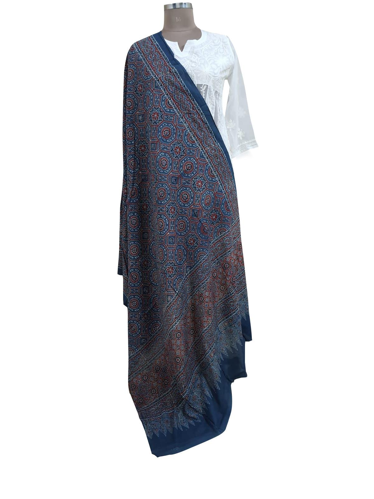 Indigo Blue Pure Ajrakh hand Block Printed Mulmul Cotton Dupatta DP80 - Ethnic's By Anvi Creations