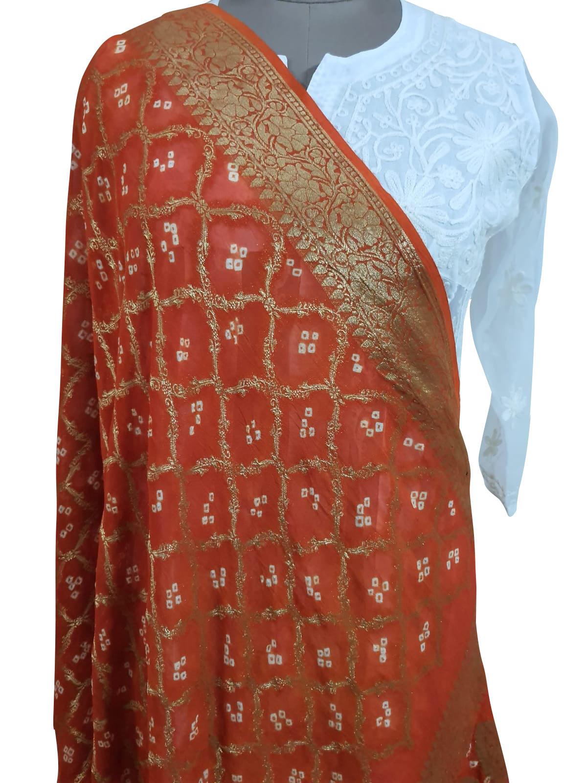 Orange Banarasi Weaven Georgette Gharchola Bandhani Dupatta DP86 - Ethnic's By Anvi Creations