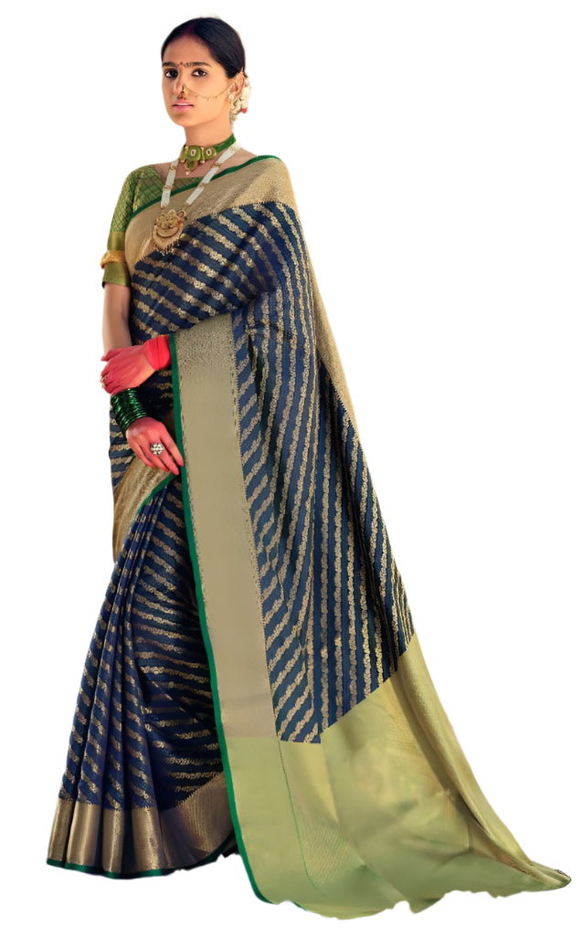 Designer Navy Blue Lehariya Weave Dupion Silk Saree DK04 - Ethnic's By Anvi Creations