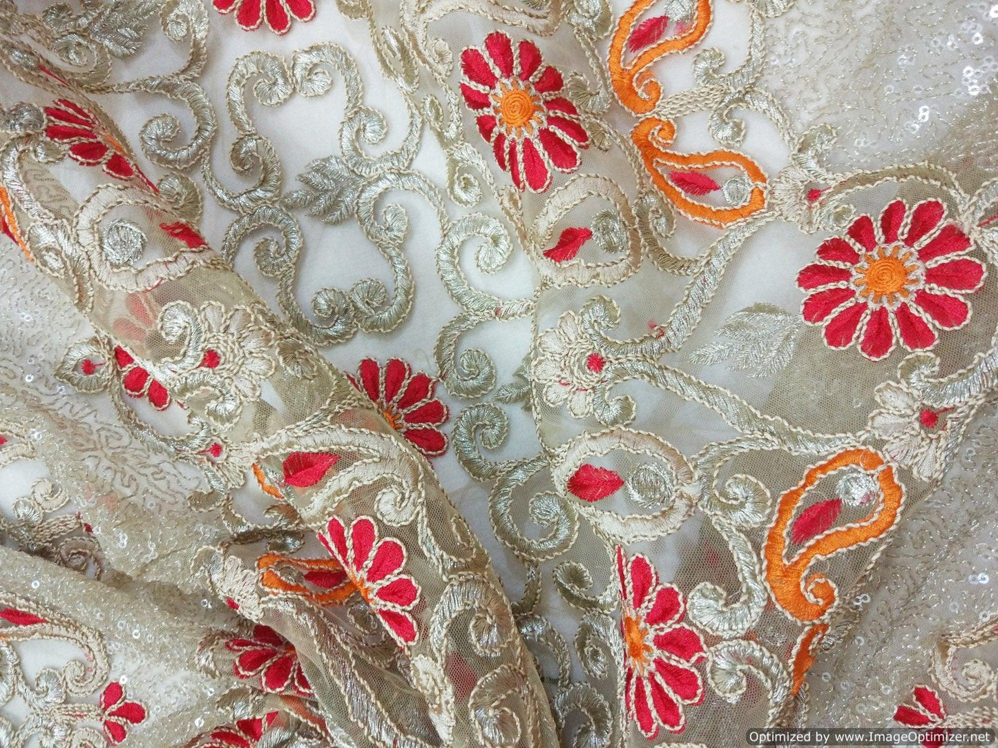 Designer Net Beige Orange Red Resham Sequin Jaal Embroidered Fabric Pre Cut 3 Meter FAB034-Anvi Creations-Fabric