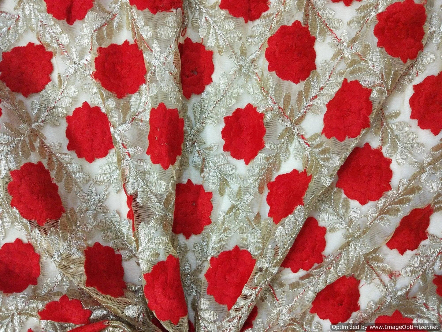 Designer net Beige Red Golden Floral Leaf Resham Embroidered Fabric Pre Cut 2 Meter FAB039-Anvi Creations-Fabric