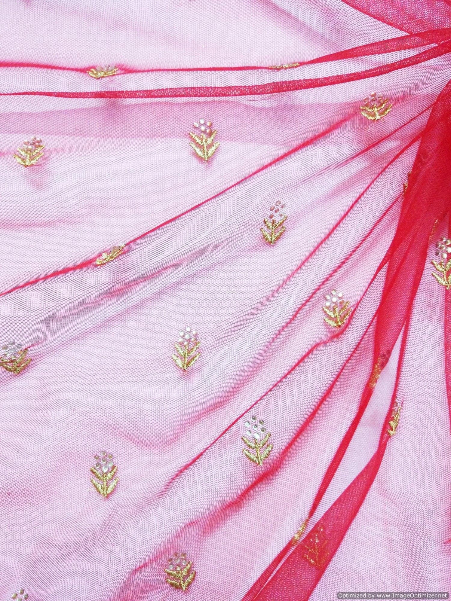 Designer Net Maroon Zari Paste Diamond Embroidered Fabric Pre Cut 3.6 Meter ( 361 cms )-Anvi Creations-Fabric
