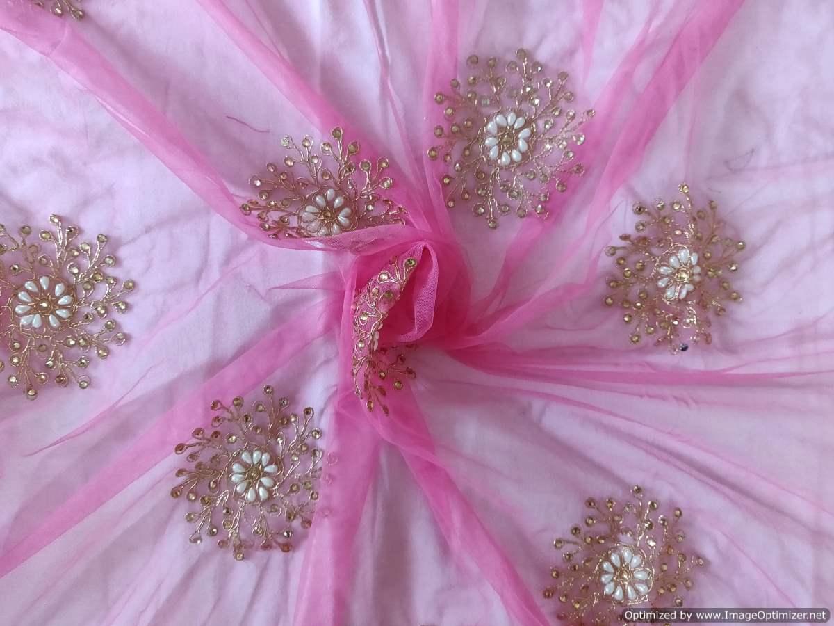 Heavy Embroidered Light Pink Net Fabric Precut 4 Meter FAB119 - Ethnic's By Anvi Creations