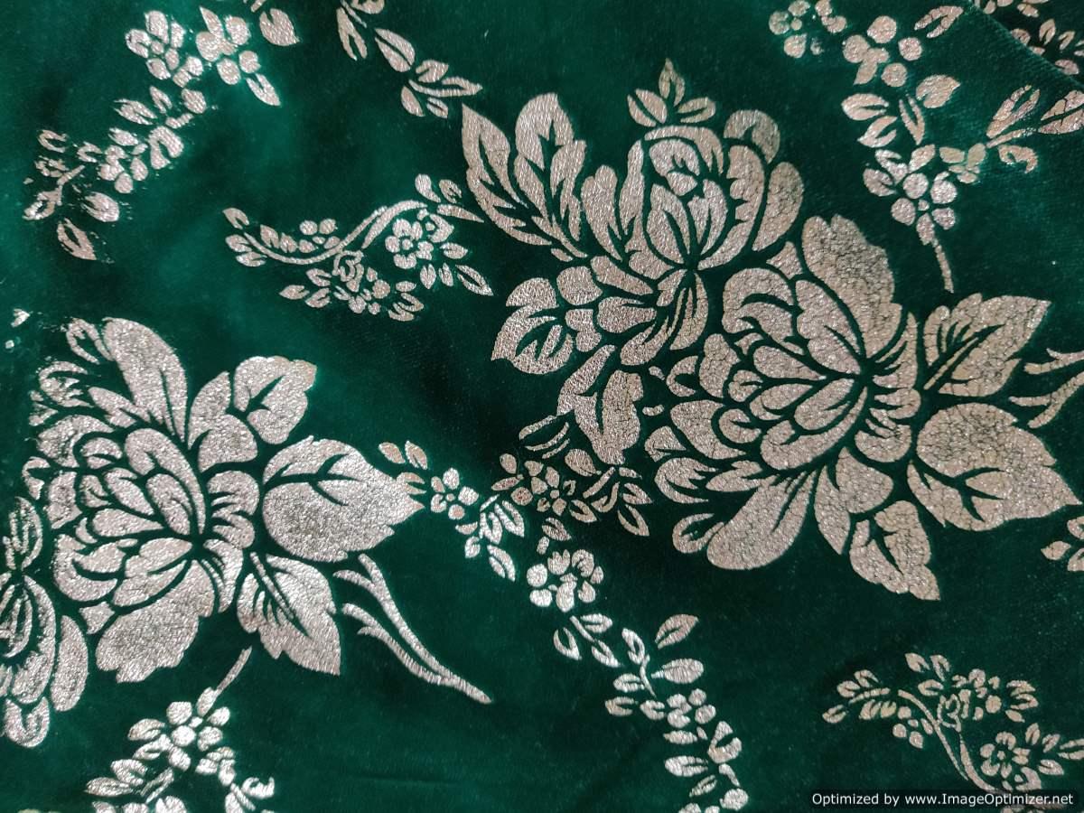 Green Floral Motif Foil Print Micro Velvet Fabric FAB128 - Ethnic's By Anvi Creations