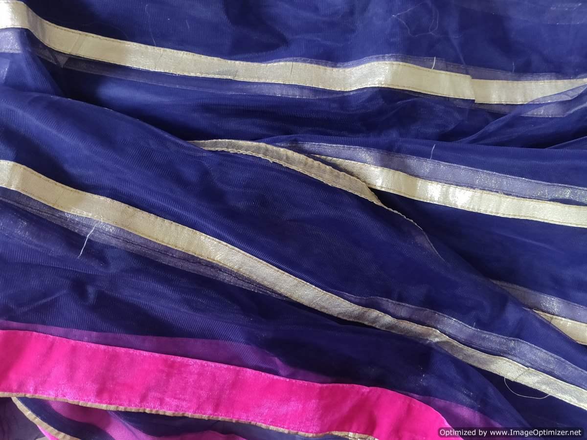 Designer Navy Blue Net Gotta Striped Velvet Border Fabric Pre Cut 6 Meters FAB133 - Ethnic's By Anvi Creations