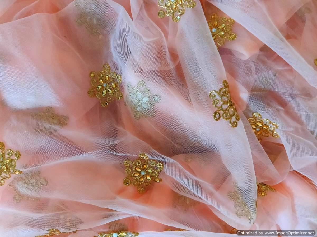 Designer Peach Net Embroidered Fabric FAB161 - Ethnic's By Anvi Creations